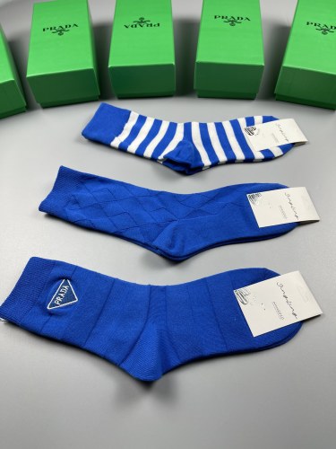 Prada Unisex Fashion New Cotton Breathe Blue Socks 3 Pairs/Box
