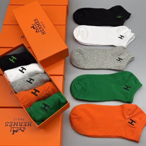 Hermes Unisex Fashion New Cotton Breathe Embroidery Socks 5 Pairs/Box