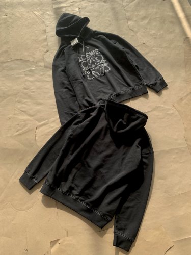 Loewe Retro Embroidered Pullover Hoodies Unisex Black Cotton Sweatshirt