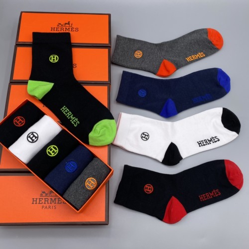 Hermes Unisex Fashion New Cotton Breathe Embroidery Socks 5 Pairs/Box