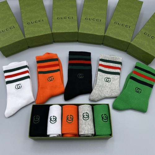 Gucci Fashion New Cotton Breathe  Medium Cylinder Socks 5 Pairs/Box