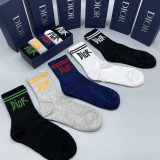 Dior New Fashion Casual Cotton Logo Medium Cylinder Socks 5 Pairs/Box