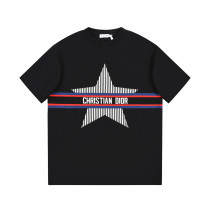 Dior Blue White Color Stripe Five Pointed Star Print Short Sleeve Unisex Cotton T-Shirt