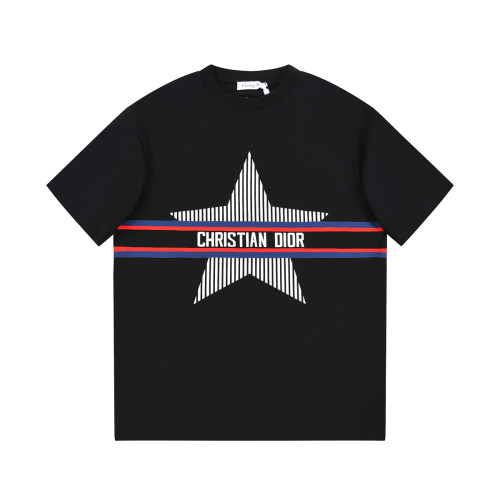 Dior Blue White Color Stripe Five Pointed Star Print Short Sleeve Unisex Cotton T-Shirt