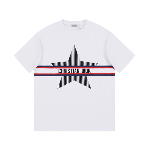 Dior Blue White Color Stripe Five Pointed Star Print Short Sleeve Unisex Cotton T-Shirt