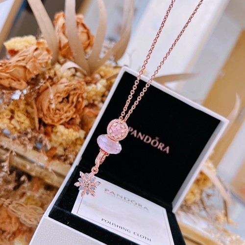 Pandora Classic Fashion New Gold Long Pink Flowers Logo Necklace