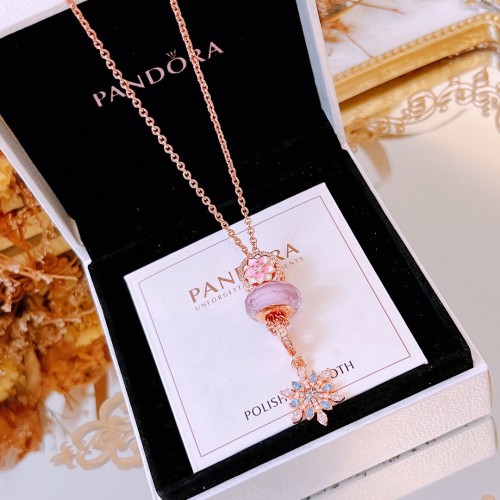 Pandora Classic Fashion New Gold Long Pink Flowers Logo Necklace