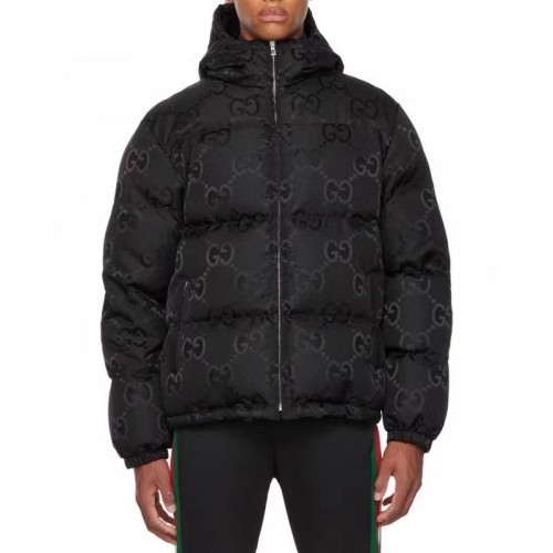 Gucci Unisex Double GG Full Logo Print Zipper Hooded Down Jacket