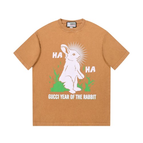 Gucci Unisex Classic Washed Worn Rabbit Pattern Short Sleeve Fashion Cotton T-Shirt