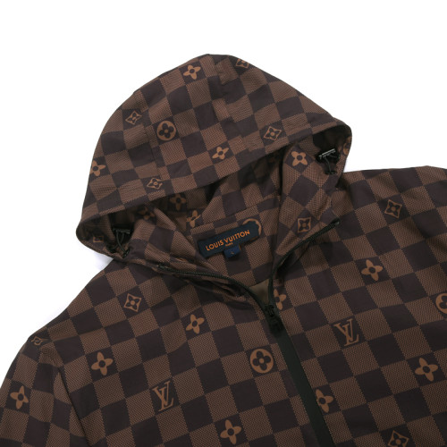 Louis Vuitton Logo Print Hooded Checker Trench Coat