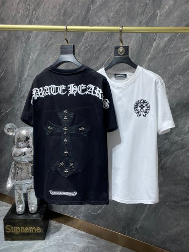 Chrome Hearts Letter Embroidery Print Short Sleeves Leather Cross Cotton T-shirt