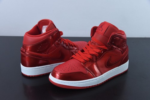 Nike Air Jordan 1 Mid Red Patent Leather Unisex Casual Basketball Sneakers Shoes