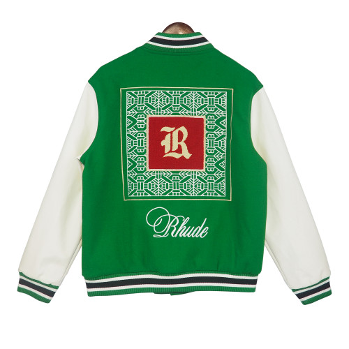 Rhude Embroidered Patch Print Leather Splice Wool Coat Retro Casual Baseball Jacket