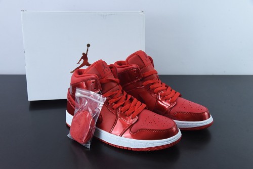 Nike Air Jordan 1 Mid Red Patent Leather Unisex Casual Basketball Sneakers Shoes
