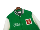 Rhude Embroidered Patch Print Leather Splice Wool Coat Retro Casual Baseball Jacket