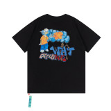 Off White Cartoon Embroidery Print Short Sleeve Round Neck Cotton T-shirt