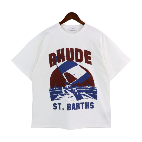 Rhude Sunset Sea Sail Letter Print Short Sleeve Fashion Cotton Leisure T-shirt