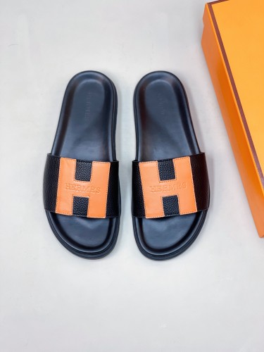 Hermes Classic Fashion Men Leather Outsole Flops Slides Shoes Production Original Shoes 1:1