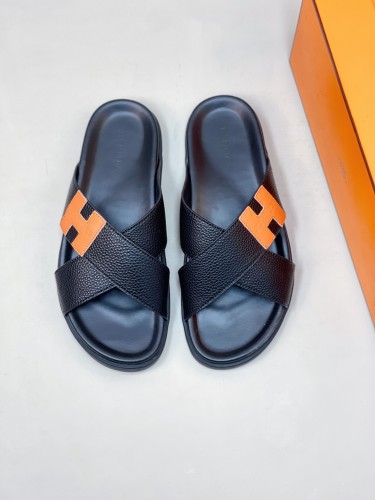 Hermes Classic Fashion Men Leather Outsole Flops Slides Shoes Production Original Shoes 1:1