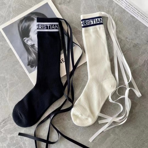 Dior Fashion Casual Cotton Embroidery Logo Socks Jacquard Letter Lace-Up Calf Socks 1 Pairs