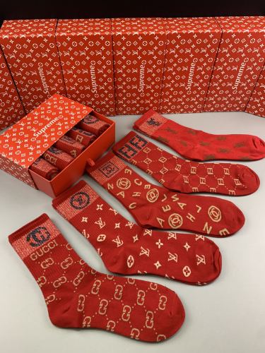 LOUIS VUITTON/Gucci/FendiClassic LV Logo Embroidery Cotton Socks Fashion Casual Socks 5 Pairs/Box