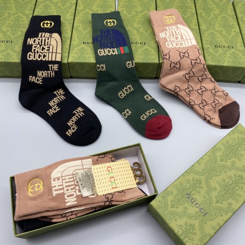 Gucci x The North Face Classic Logo Embroidery Cotton Socks Fashion Casual Socks 3 Pairs/Box