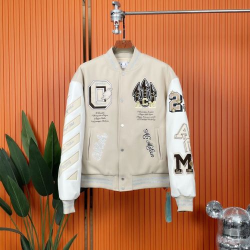 Off White x Ac Milan Embroidered Leather Baseball Jacket Men Woollen Contrasting Colors Spliced Motorcycle Jacket