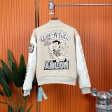 Off White x Ac Milan Embroidered Leather Baseball Jacket Men Woollen Contrasting Colors Spliced Motorcycle Jacket