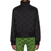 Gucci Full Logo Print Unisex Jacquard Jacket Classic Double GG Pattern Black Jacket Coat