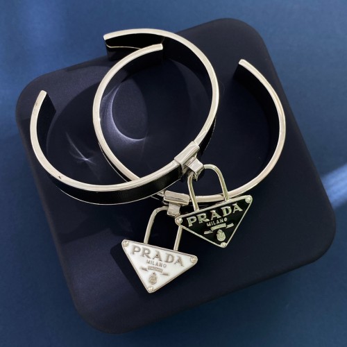Prada Personalized Triangle Logo Leather Silver Bracelet