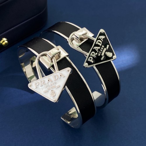 Prada Personalized Triangle Logo Leather Silver Bracelet