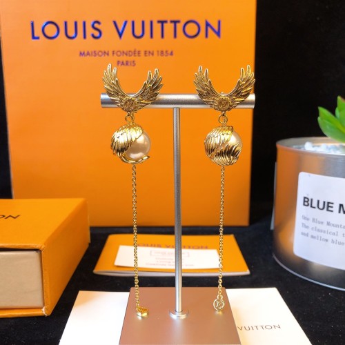 Louis Vuitton Fashion Pearl Gold Wing Logo Angel Earrings
