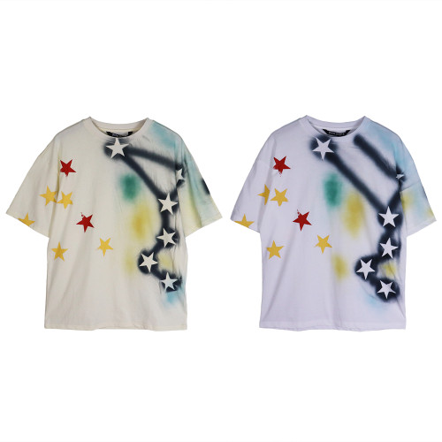 Palm Angels Inkjet Colorful Star Print Short Sleeve Couple Cotton Casual T-shirt