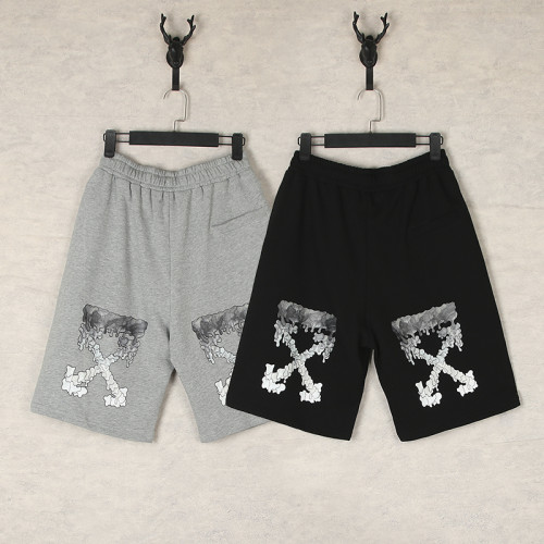 Off White Loose Cotton Shorts Unisex Casual Tape Arrow Print Sports Shorts