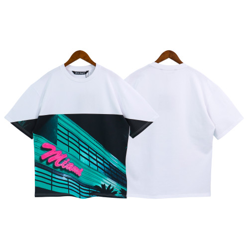 Palm Angels Splice Printed Short Sleeved Unisex Round Neck Cotton T-shirt