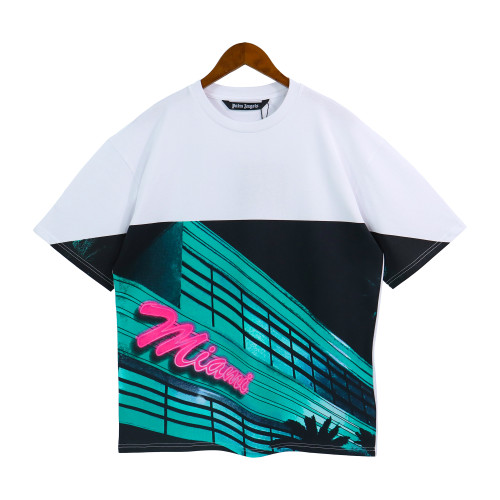 Palm Angels Splice Printed Short Sleeved Unisex Round Neck Cotton T-shirt