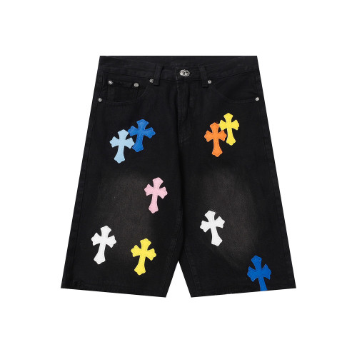 Chrome Hearts Colored Cross Panel Leather Shorts Washed Old Loose Denim Shorts