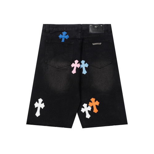 Chrome Hearts Colored Cross Panel Leather Shorts Washed Old Loose Denim Shorts