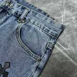 Chrome Hearts Fashion Cross Leather Embroidery Shorts Unisex Loose Denim Shorts
