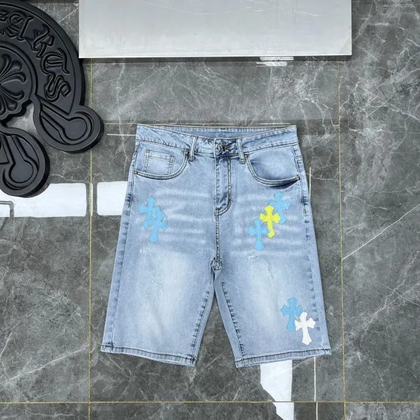 Chrome Hearts Classic Color Patchwork Embroidered Washed Denim Shorts