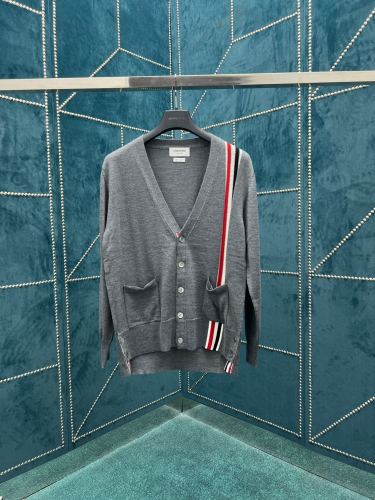 Thom Browne Classic Section Thin Cardigan Unisex Applique Striped Wool V-Neck Knitted Sweater