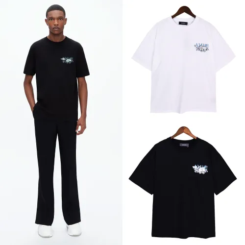 Amiri Fashion Flower Logo Letter T-shirt Unisex Casual Loose Short Sleeve