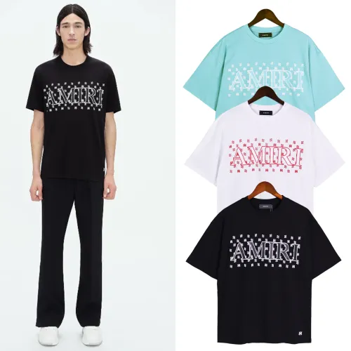 Amiri Fashion Flower Logo Letter T-shirt Unisex Casual Round Neck Short Sleeve
