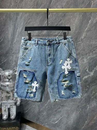Chrome Hearts Fashion Cross Leather Embroidery Shorts Unisex Ripped Patchwork Denim Shorts