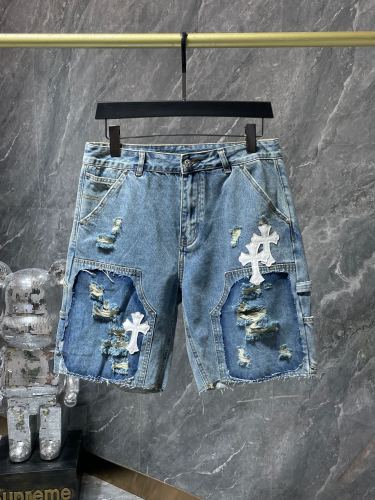 Chrome Hearts Fashion Cross Leather Embroidery Shorts Unisex Ripped Patchwork Denim Shorts