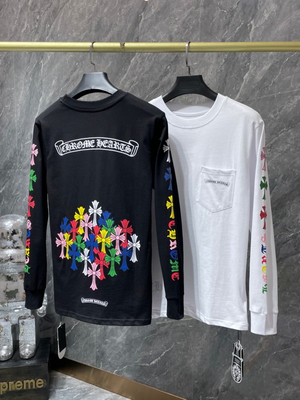 Chrome Hearts Classic Unisex Scroll Alphabet Colorful Cross Cluster Flower Arms Print Long Sleeves Cotton Pullover
