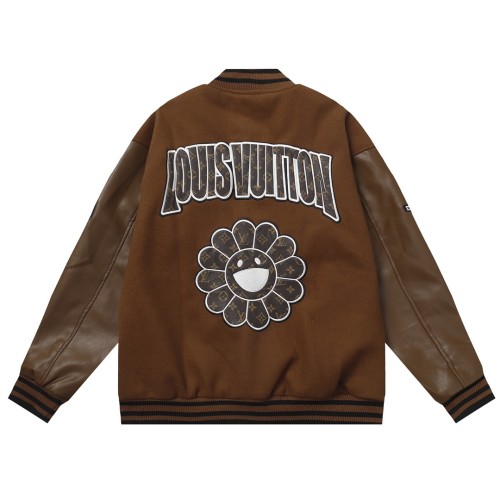 Louis Vuitton Men Casual Embroidery Sunflower Splicing Baseball Uniform Motorcycle Jackets