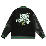 Louis Vuitton Men Casual Lamb Hair Embroidery Letter Splicing Baseball Uniform Motorcycle Jacket