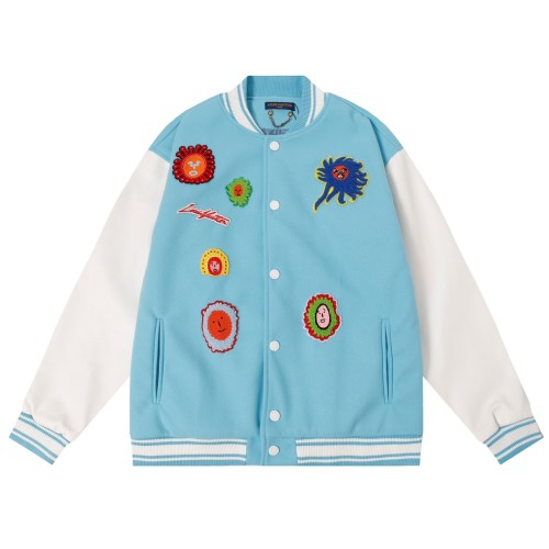 Louis Vuitton x Yayoi kusama Men Casual Sticker Embroidered Cartoon Pattern Splicing Baseball Uniform Motorcycle Jackets