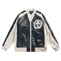 Louis Vuitton Men Casual Lamb Hair Embroidery Letter Jacket Patchwork Baseball Uniform Motorcycle Jacket